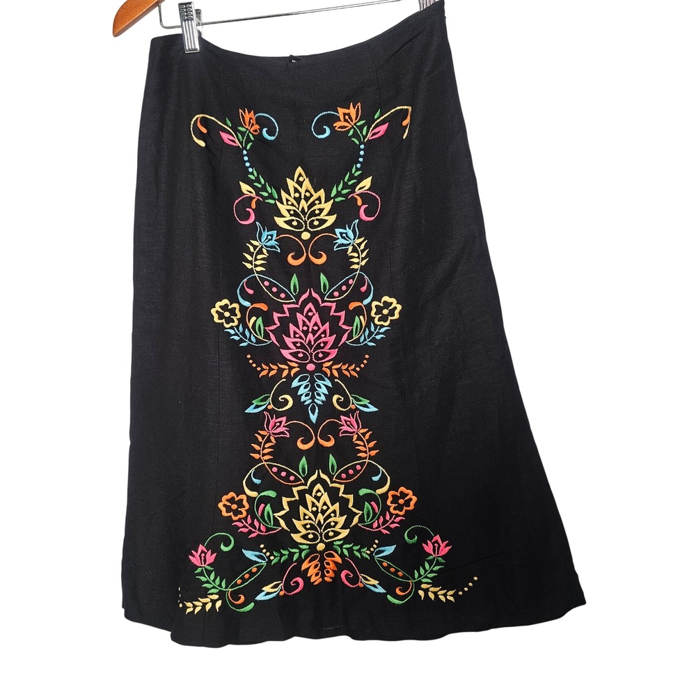 Vintage Harold's Embroidered Linen Blend Midi Skirt 2 Black Folk Boho Artsy